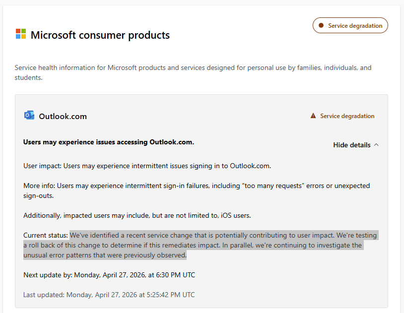 microsoft status page. Outlook outage 4.27.26