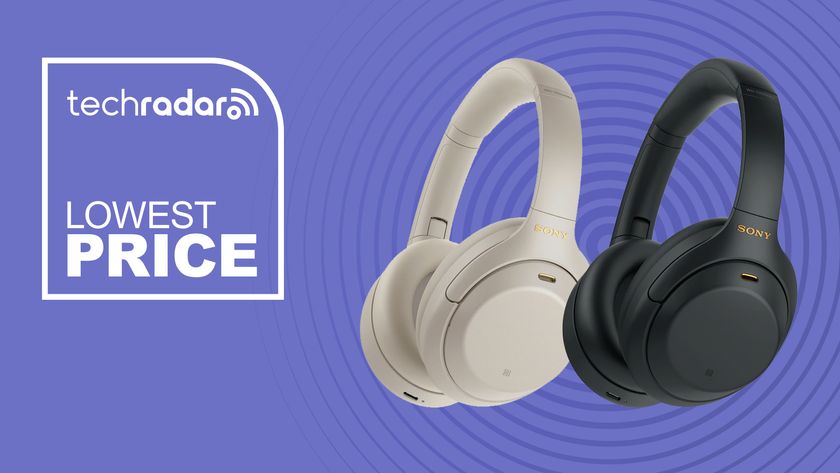 Sony WH-1000XM4 headphones in silver and black on a purple background with "Lowest Price" text.