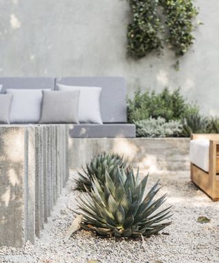 Outdoor seating area with a muted color pallette