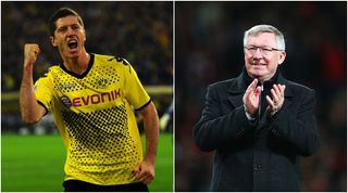 DORTMUND, GERMANY - NOVEMBER 05: Robert Lewandowski of Dortmund celebrates after scoring his teams fourth goal during the Bundesliga match between Borussia Dortmund and VfL Wolfsburg at Signal Iduna Park on November 5, 2011 in Dortmund, Germany. (Photo by Lars Baron/Bongarts/Getty Images) Sir Alex Ferguson Manchester United