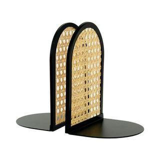 Arched Black Metal and Natural Rattan Indoor Tabletop Bookends