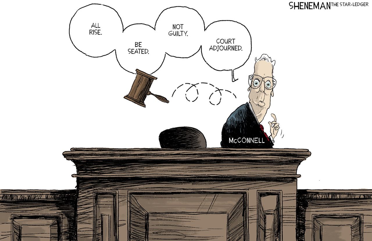 Political Cartoon U.S. Mitch McConnell Trump Speedy Impeachment Trial Not Guilty