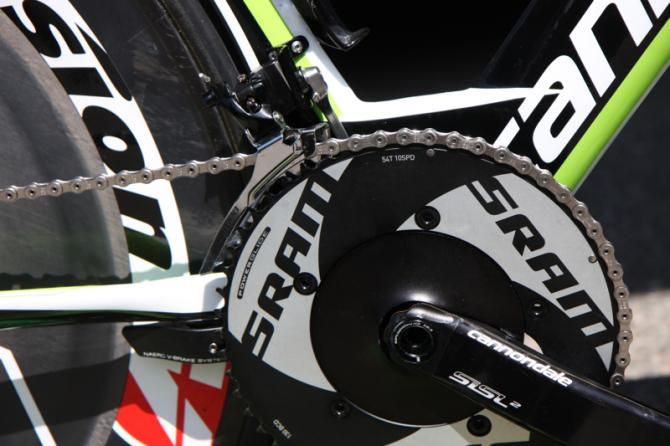 Sagan's aero SRAM chainrings are 54/42