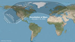 A map showing areas from which the lunar occultation of Mars will be visible.