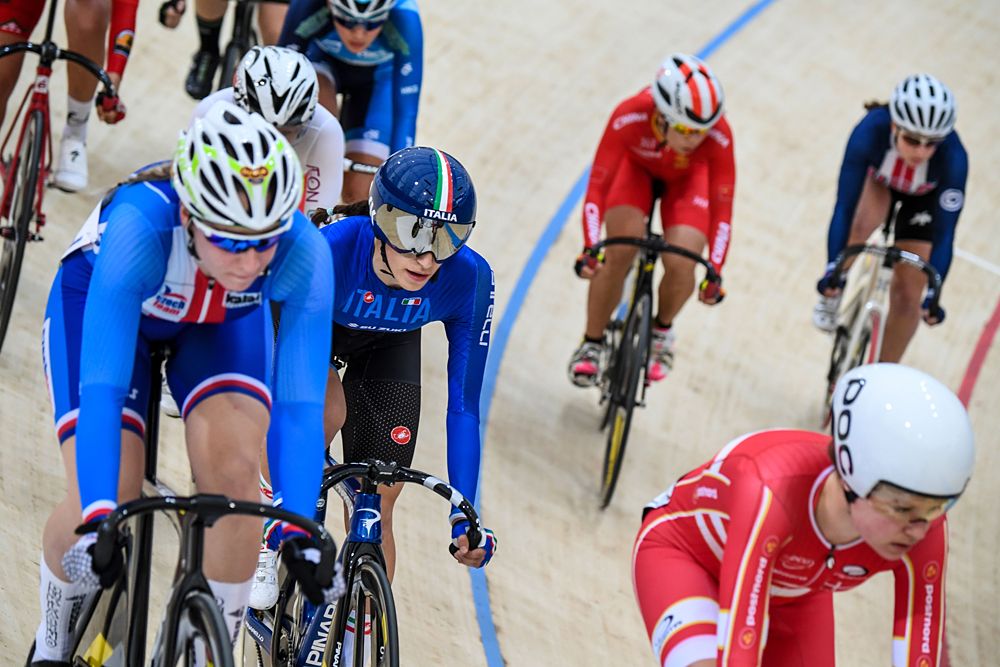 Cyclists compete in the women's Omnium Tempo race 2/4 during the Tissot UCI Track Cycling World Cup