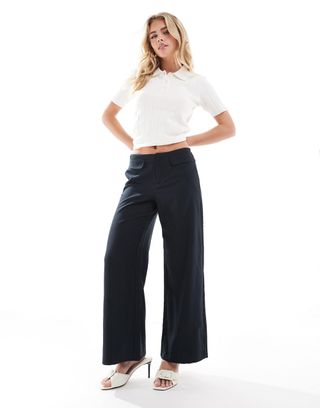 Only Petite Wide Leg Trouser With Pocket Detail in Navy Pinstripe