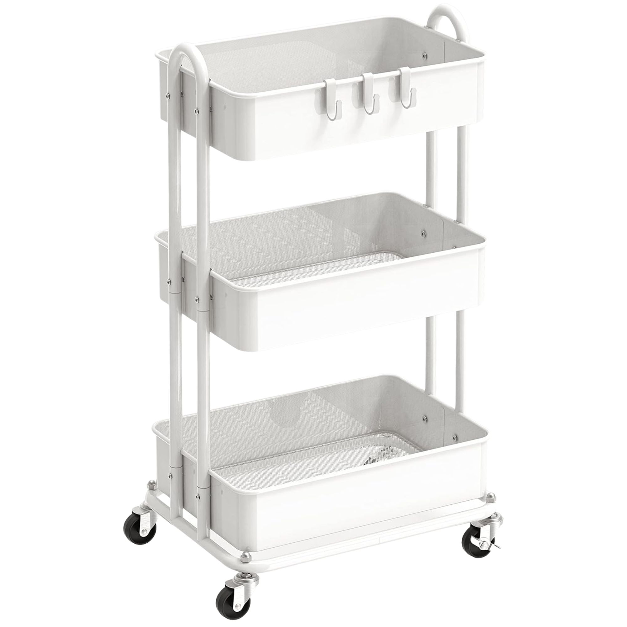 White Amazon rolling cart with black wheels