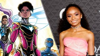 (L, R) Riri Williams/Ironheart in the comics, standing strong in armor, and Dominique Thorne, who will play Ironheart/Riri Williams, attending Marvel Studios' "Black Panther: Wakanda Forever" premiere