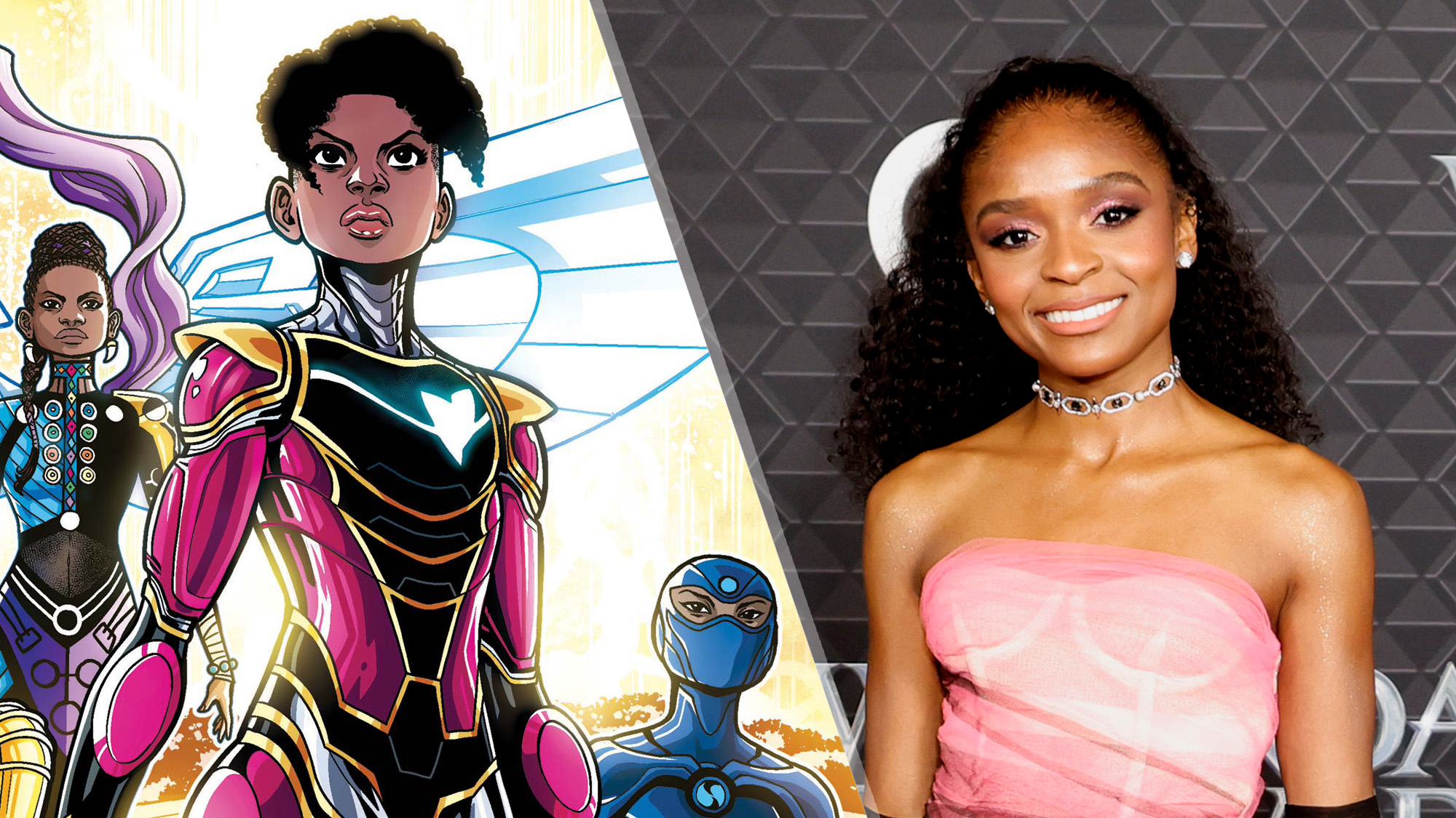 (L,R) Riri Williams / Ironheart in the comics, standing strong in armor, and Dominic Thorne, who will play Ironheart / Riri Williams, in Marvel Studios' presence "Black Panther: Wakanda Forever" the first show