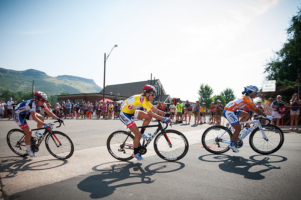 Eventual Stage 3 winner Coryn Rivera (UHC) leads Kristin Armstrong (Twenty-16) through a corner up a relentless climb that would eventually takes its toll on the field.