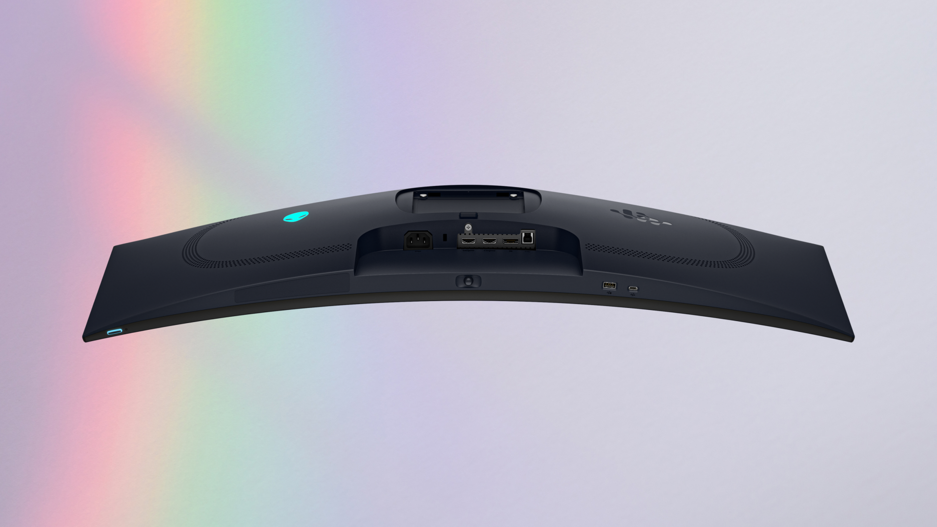 Underside and rear port layout of the Alienware 39 5K OLED monitor, showing DisplayPort 2.1, HDMI 2.1, USB-C 90W PD, and KVM connectivity.