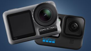 The DJI Osmo Action and GoPro Hero 10 Black action cams on a blue background