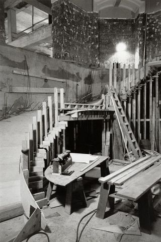 The gallery's marble staircase during the renovations at 750 Hornby Street in 1982.