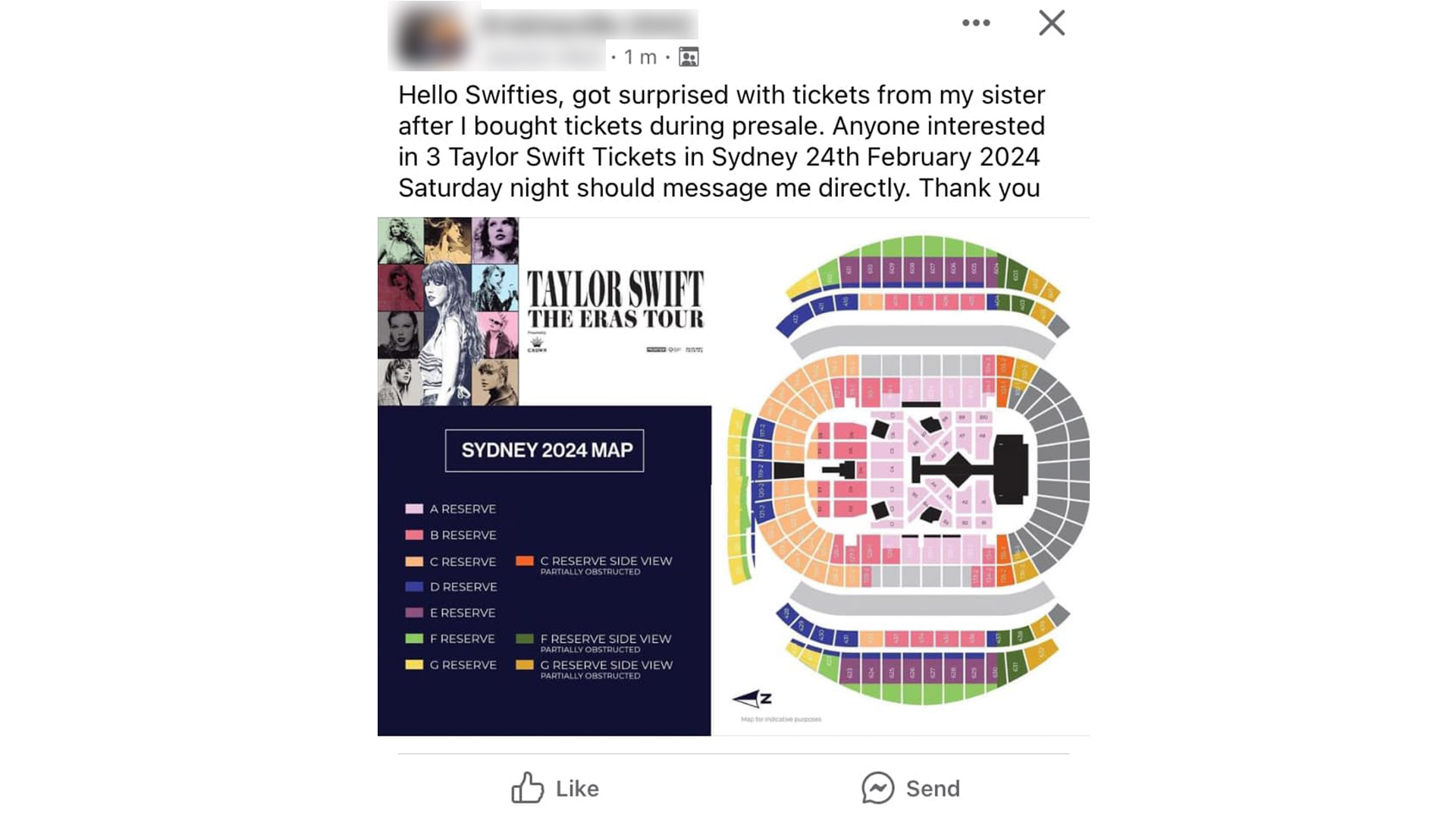 An example of a ticket resell scam on Facebook.