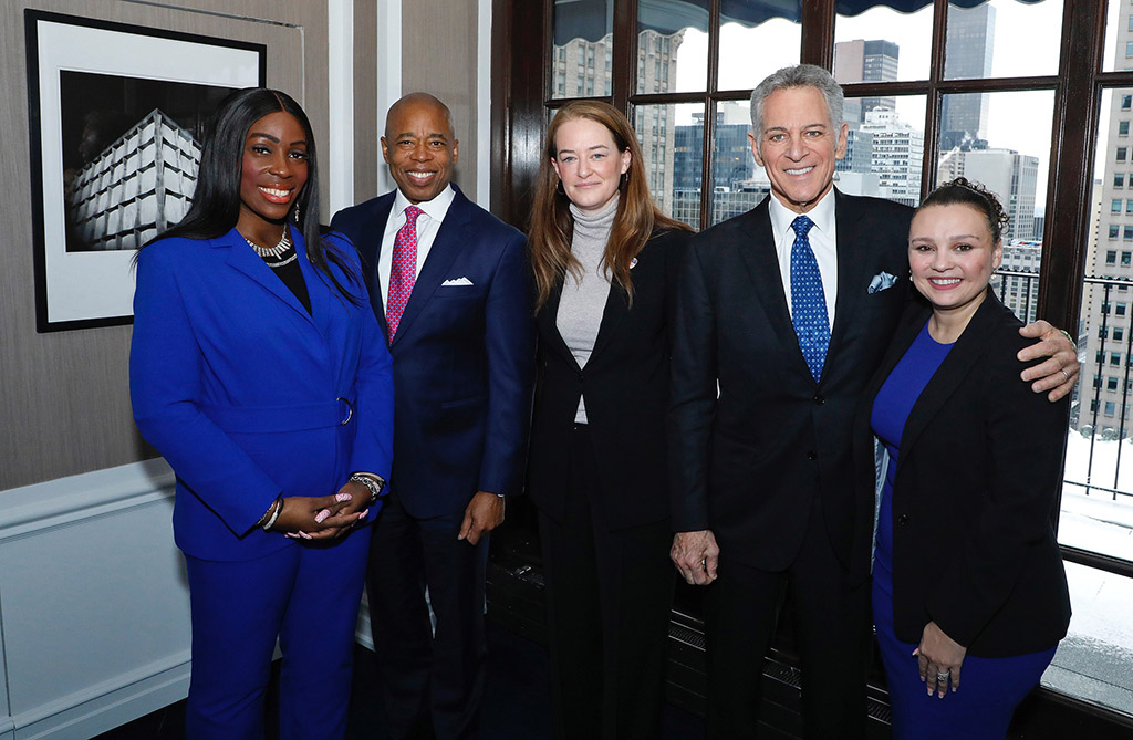 At WABC New York’s “Operation 7 Save-a-Life” Breakfast in Manhattan (l. to r.): Bronx Borough President Vanessa L. Gibson; New York City Mayor Eric Adams and Fire Commissioner Laura Kavanaugh; Bill Ritter, anchor, WABC Eyewitness News; and Marilu Galvez, president and GM, WABC. 
