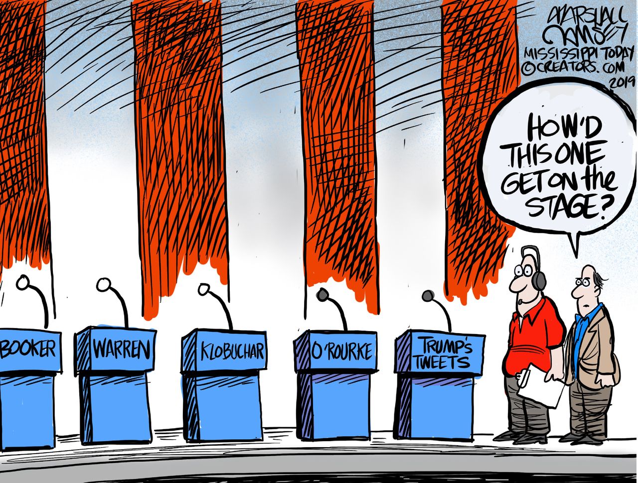 Political Cartoon U.S. Trump&amp;#039;s Tweets Democratic Debate Stage