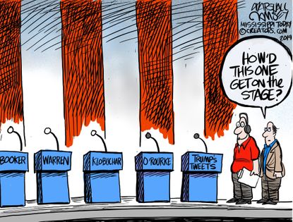 Political Cartoon U.S. Trump's Tweets Democratic Debate Stage