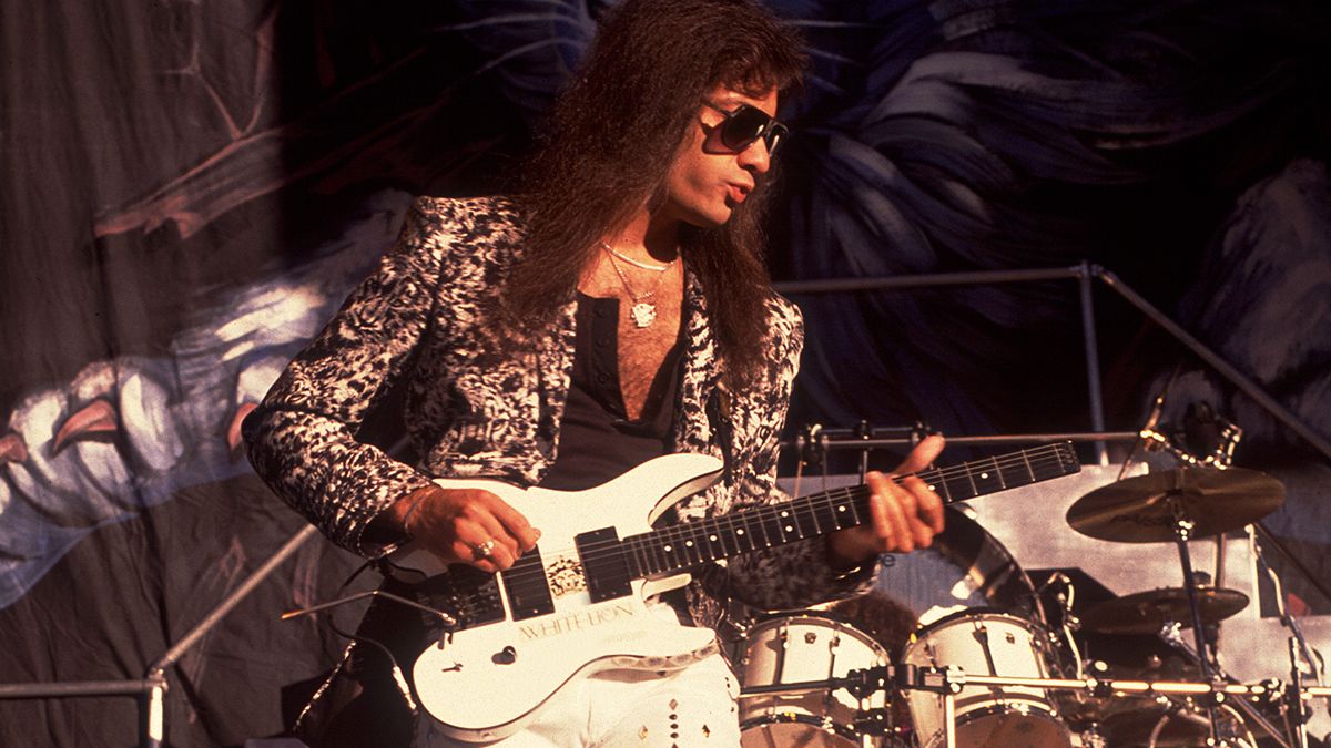 Vito Bratta, of the group White Lion, performs onstage at the Alpine Valley Music Theater, East Troy, Wisconsin, May 29, 1989