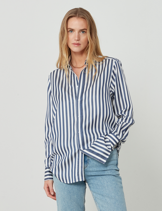 The Boyfriend: Tencel, Navy Blue Stripe