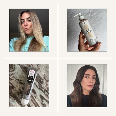 A graphic with photos of Shannon and Eleanor after testing colour depositing hair masks, and photos of the masks we used