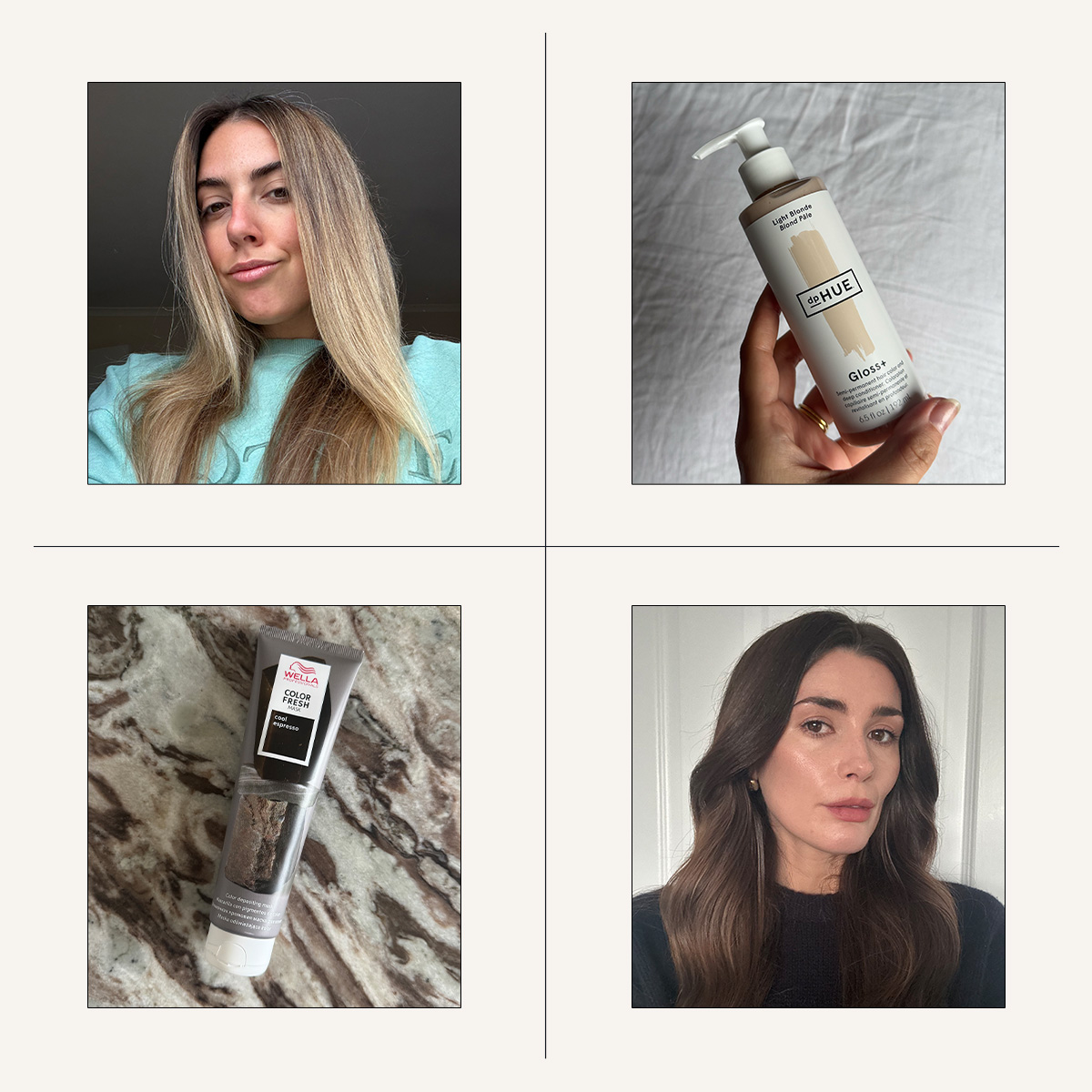 A graphic with photos of Shannon and Eleanor after testing colour depositing hair masks, and photos of the masks we used