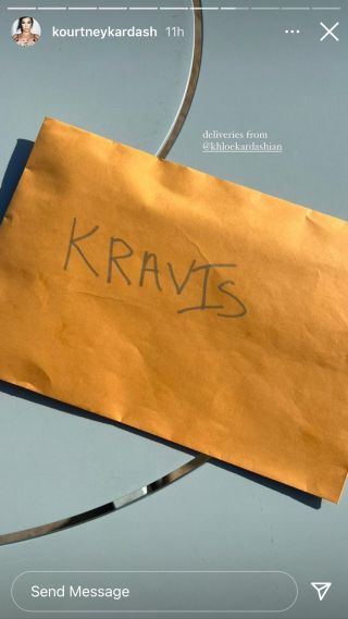 Kourtney Kardashian shares a photo of a package labeled for Kravis on her Instagram Stories.