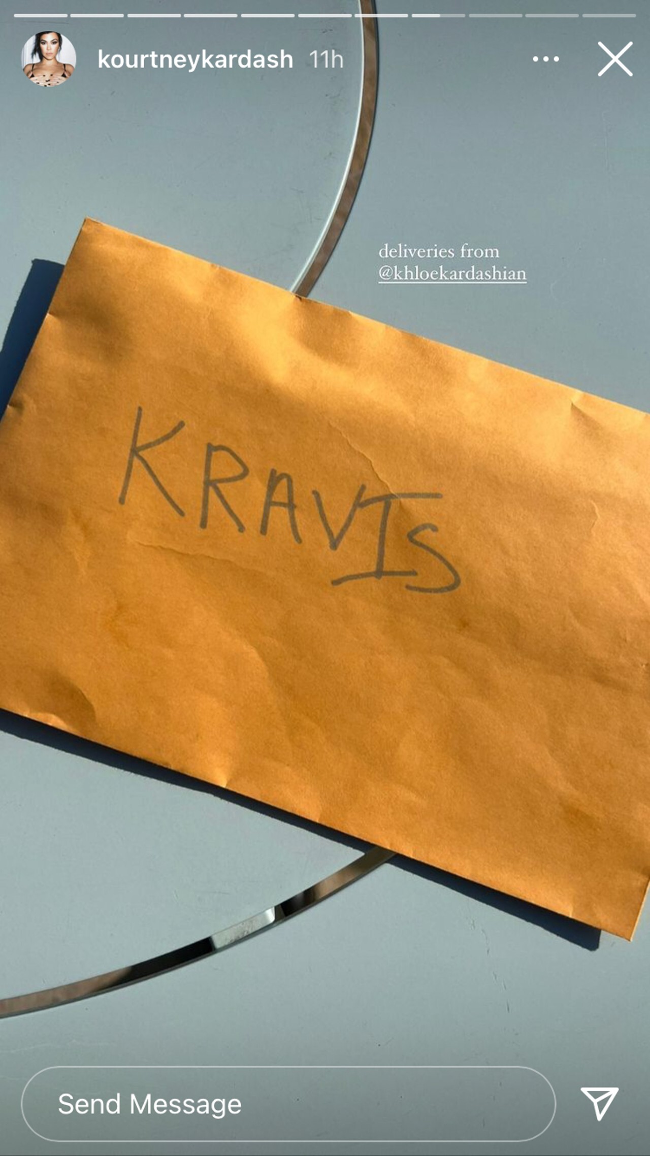 Kourtney Kardashian shares a photo of a package labeled for Kravis in her Instagram Stories.