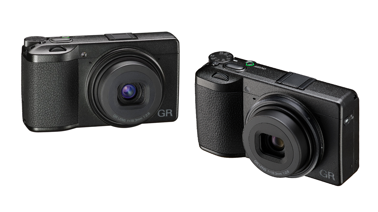 Ricoh GR IV and GR III against a white background