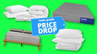 A collage of items included in this deals hub, including a Coop Sleep Bundle featuring pillows, mattress topper and sheets in the top left, a Casper One Mattress in the top right, a Casper sheet and pillows bundle in the bottom right and a Siena mattress in the bottom left. In the middle is the Tom's Guide Price Drop deals graphic
