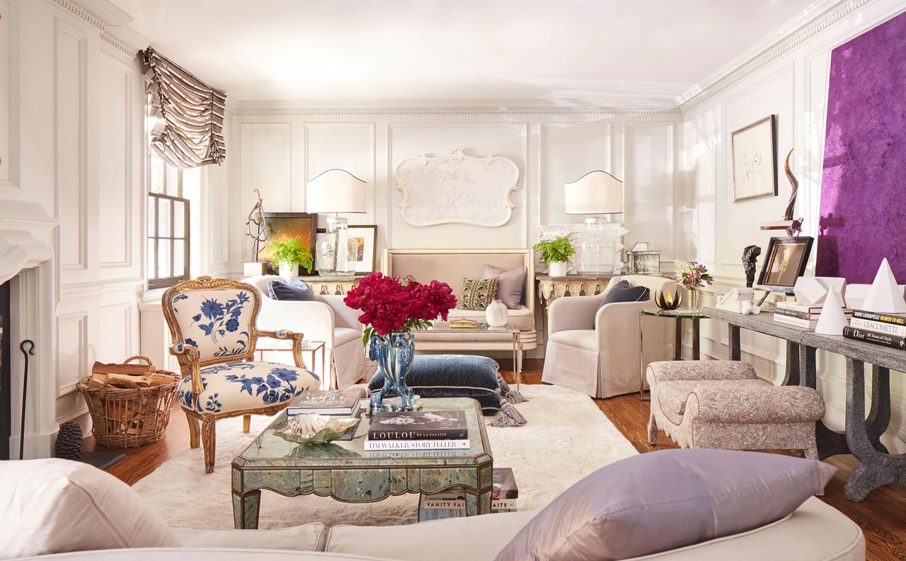 White living room with hints of purple and blue