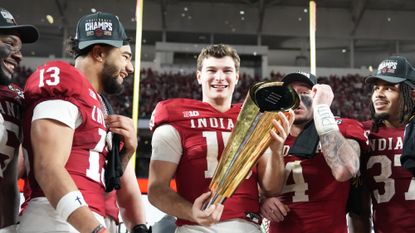 Indiana University quarterback Fernando Mendoza celebrates national championship win