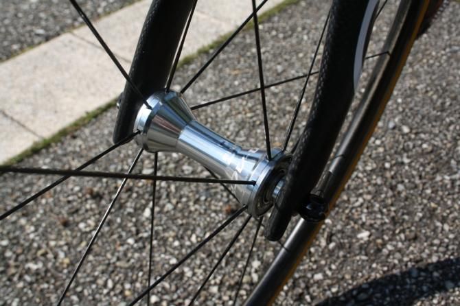 For the mountains, Sanchez used Dura-Ace wheels. Though the decals had been scrubbed off a C24 filled the front dropouts and a C35 the rear.