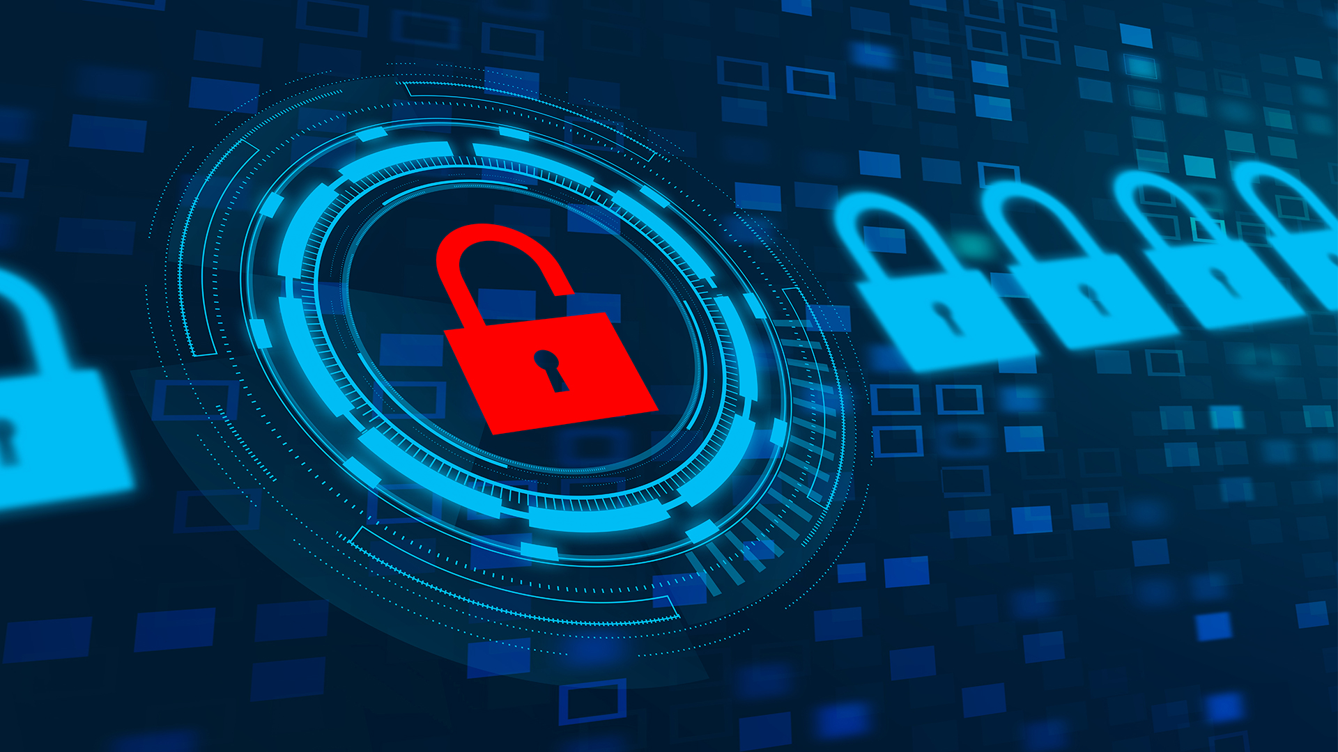 Ransomware concept image showing locked digitized padlocks, with one red-colored open padlock.