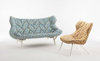 Designer chairs covered in Memphis member Nathalie du Pasquier's memphis 'Burundi' fabric