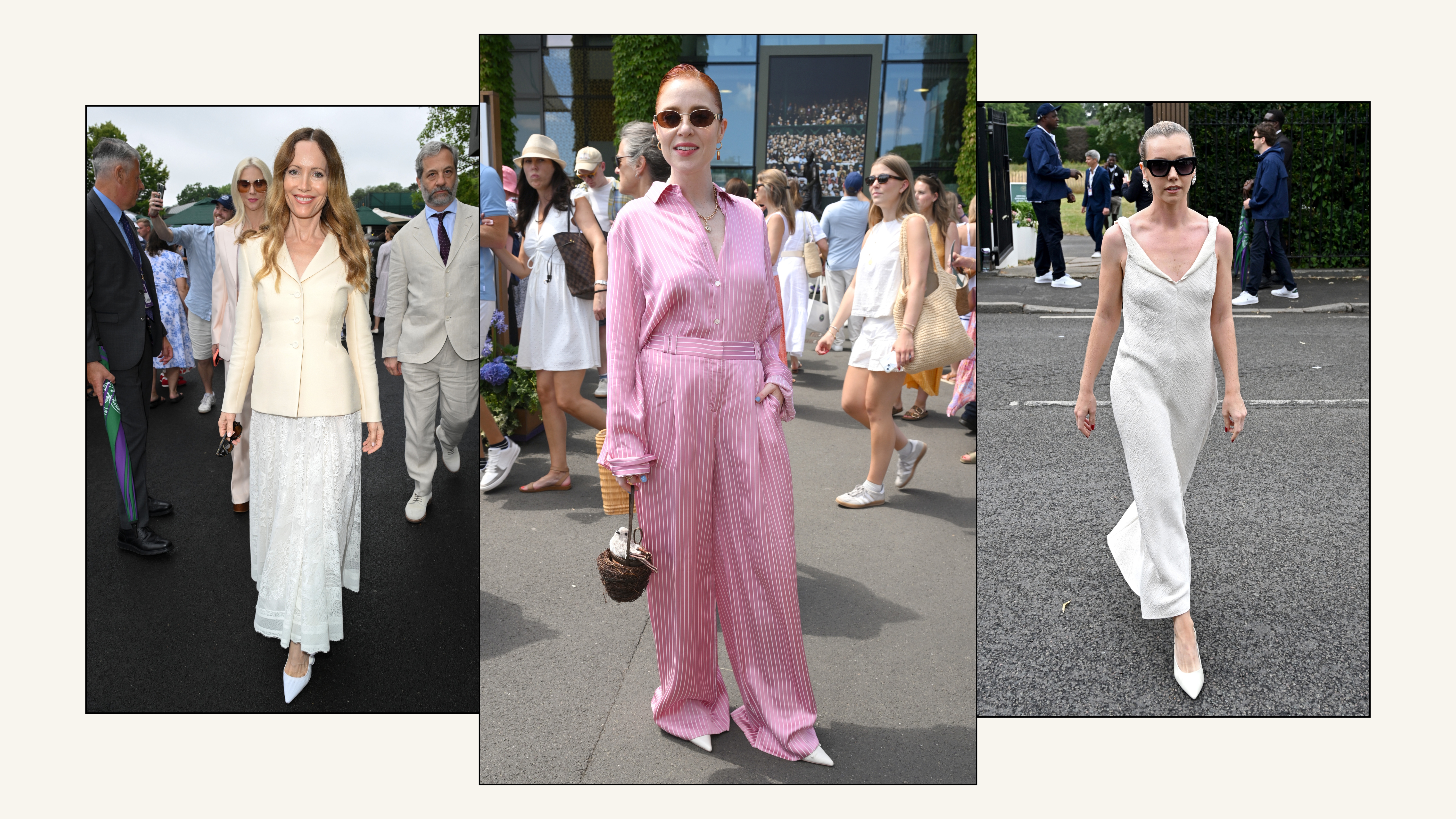 A selection of spectators wear white pointed-toe shoes at Wimbledon 2025 with very chic outfits