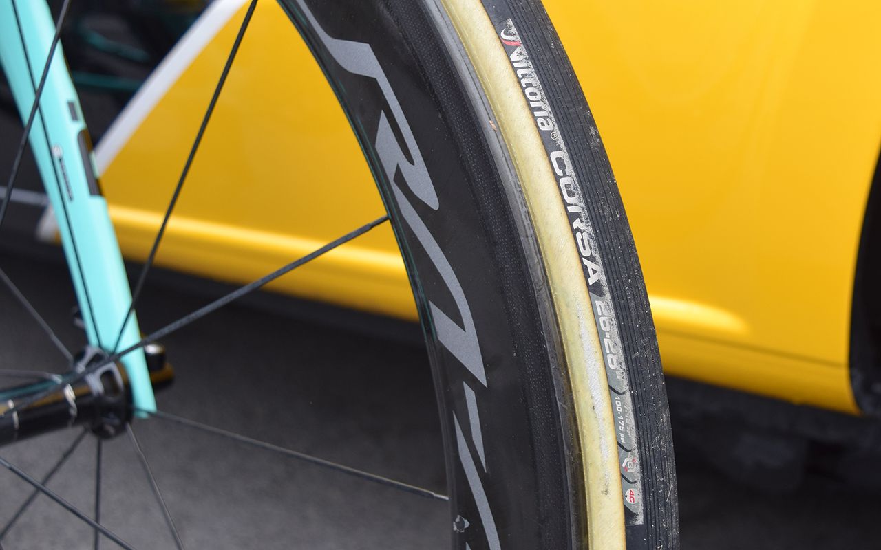 Training ahead of Omloop Het Nieuwsblad, van Aert was running 26mm Vittoria Corsa tubulars