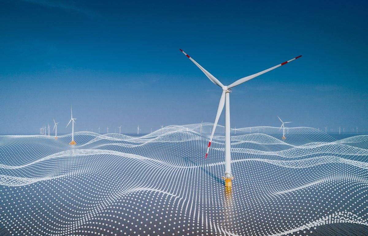 An offshore wind farm, with data points in place of waves to represent Industrial Internet of Things (IIoT).