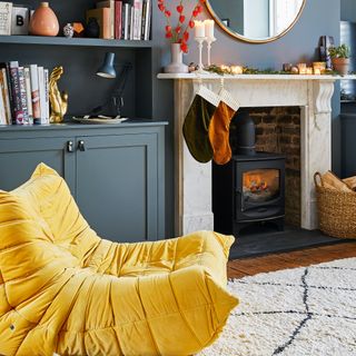 navy living room with yellow accents
