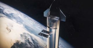 Screenshot from a SpaceX video deck showing an illustration of the company's Starship vehicle deploying next-gen Starlink internet satellites.