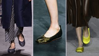 composite of three pairs of ballet pumps on the runway
