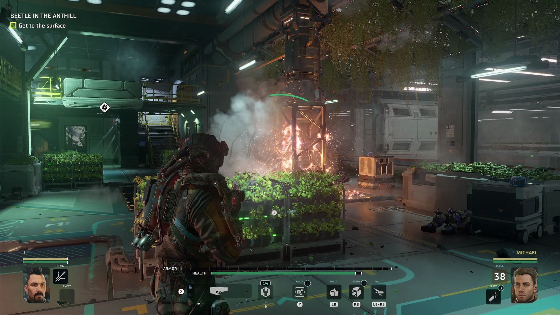 A screenshot from The Expanse Osiris Reborn showing a character in a spaceship's hydroponics area