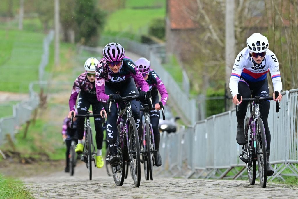 Liv Racing Teqfind riders pictured on the Paterberg during preparations of several teams on the track ahead of the Ronde van Vlaanderen Tour des Flandres Tour of Flanders cycling race Friday 31 March 2023 The 107th edition of the cycling race will take place on Sunday 02 April BELGA PHOTO DIRK WAEM Photo by DIRK WAEM BELGA MAG Belga via AFP Photo by DIRK WAEMBELGA MAGAFP via Getty Images