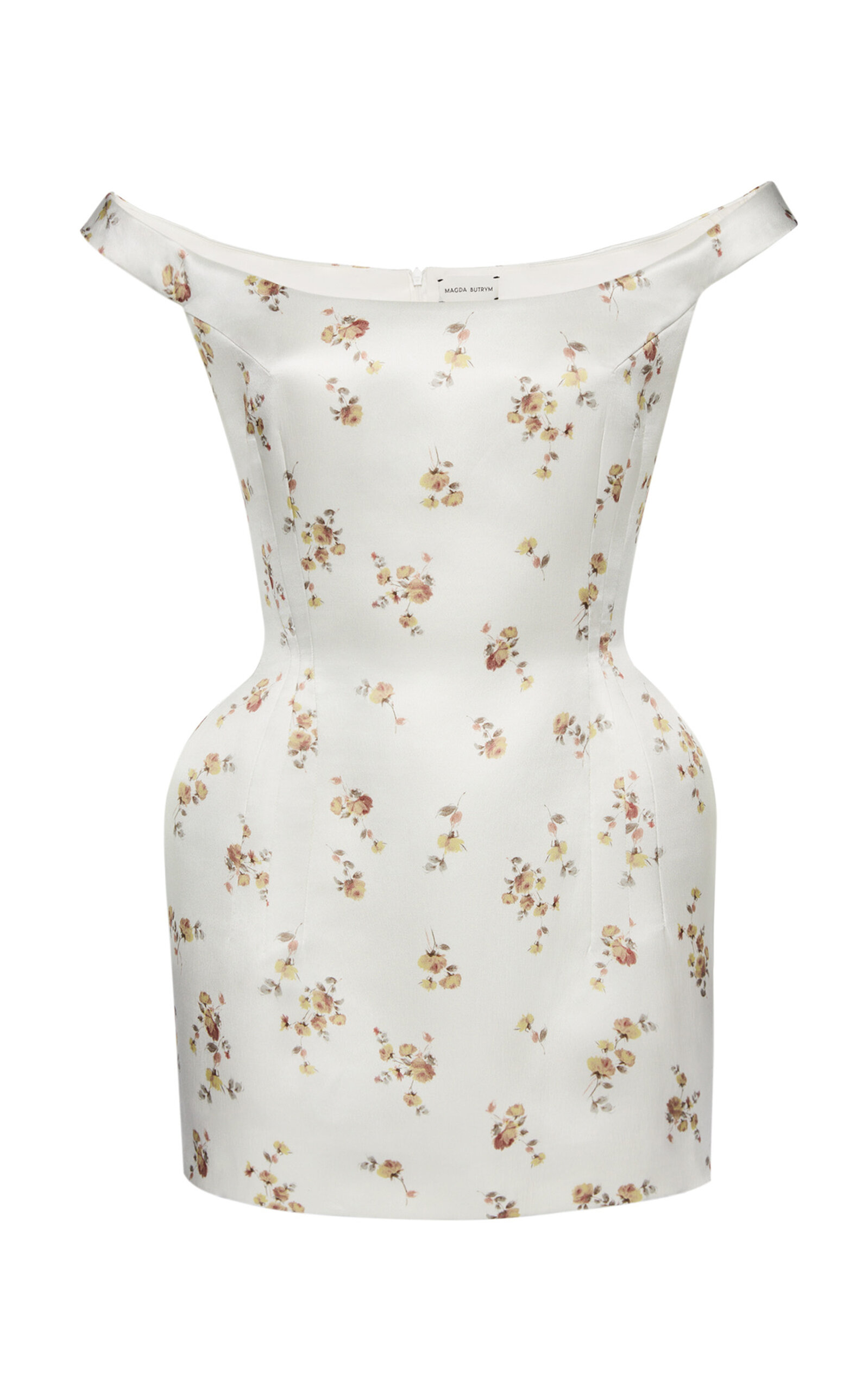 Off-shoulder floral silk tafta mini dress