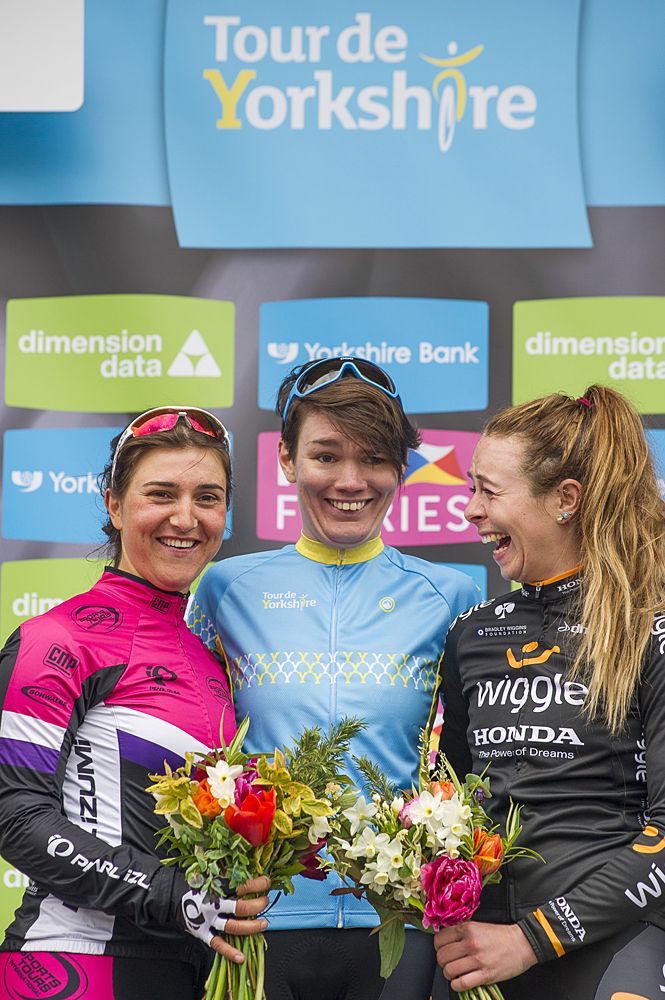 Louse Mah&eacute; (IKON-Mazda) tops the podium at the Tour de Yorkshire Women's Race