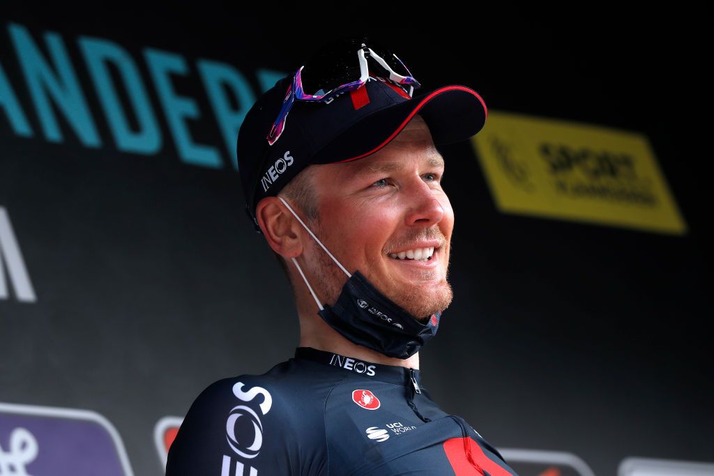WAREGEM BELGIUM MARCH 31 Podium Dylan Van Baarle of Netherlands and Team INEOS Grenadiers Celebration during the 75th Dwars Door Vlaanderen 2021 Mens Elite a 1841km race from Roeselare to Waregem DDV DDV21 FlandersClassic A travers la Flandre on March 31 2021 in Waregem Belgium Photo by Bas CzerwinskiGetty Images