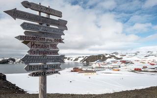 An elevated view of Bellingshausen Station and Frei Base on King George Island in Antarctica, where the stabbing allegedly took place.