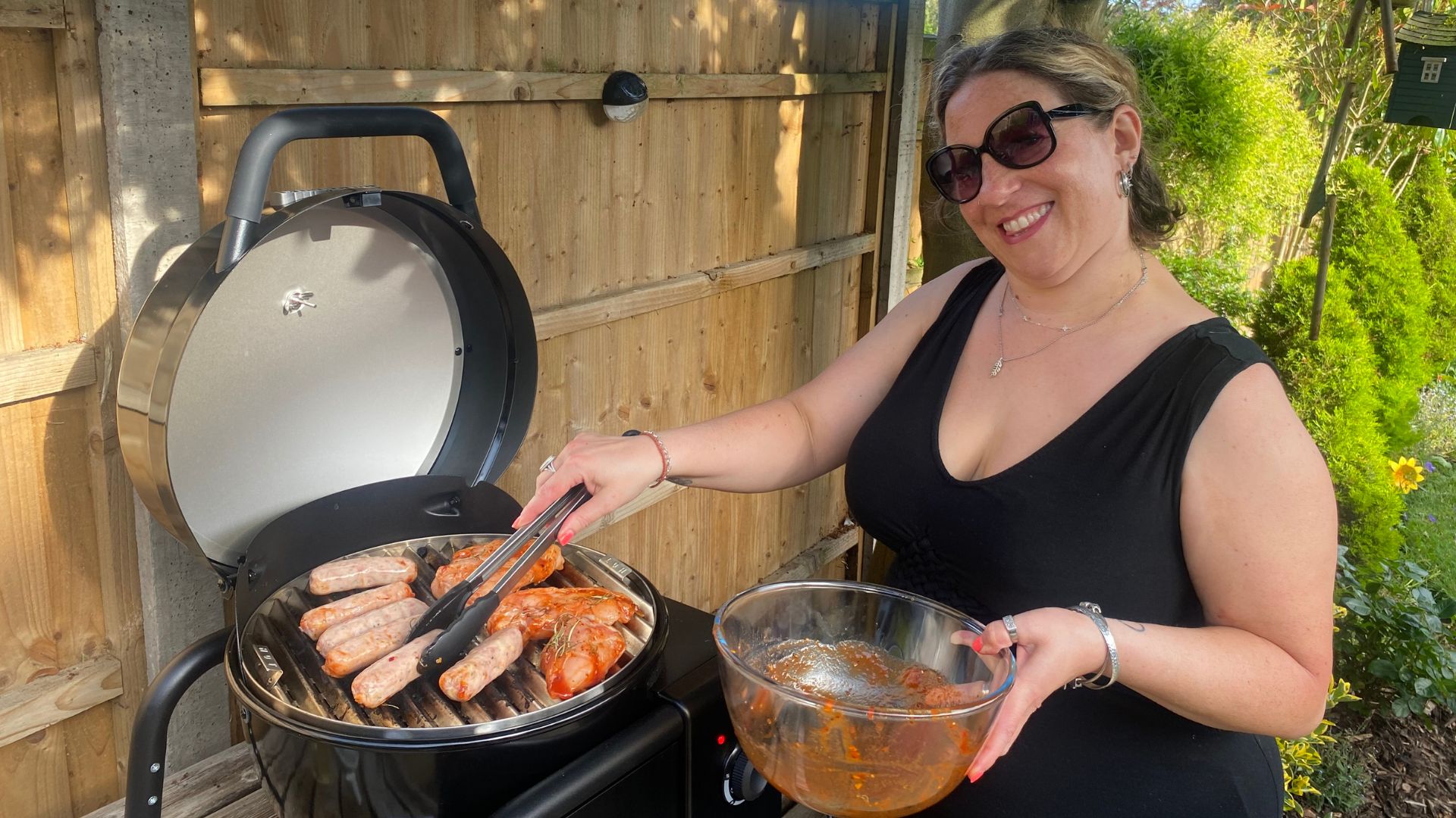 The Char-Broil Patio Bistro Cube E Barbecue pictured in tester Annalise Desmond's garden during testing
