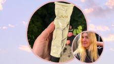 a blue frame with clouds on it containing a circular image of a hand holding JVN Complete air dry cream and another circular image of beauty editor Fiona McKim with wavy hair