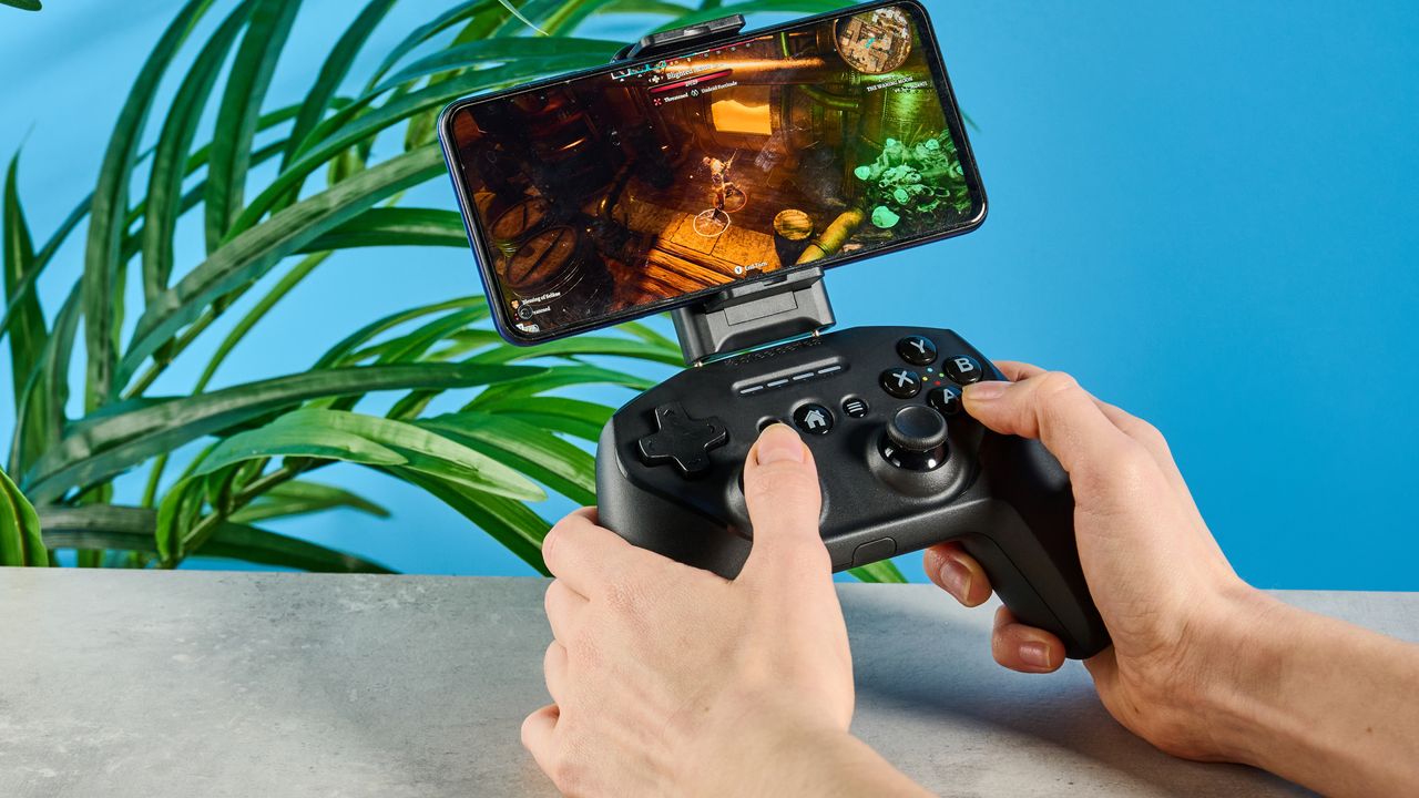 A black SteelSeries Nimbus+ mobile gaming controller for iOS, macOS and iPadOS