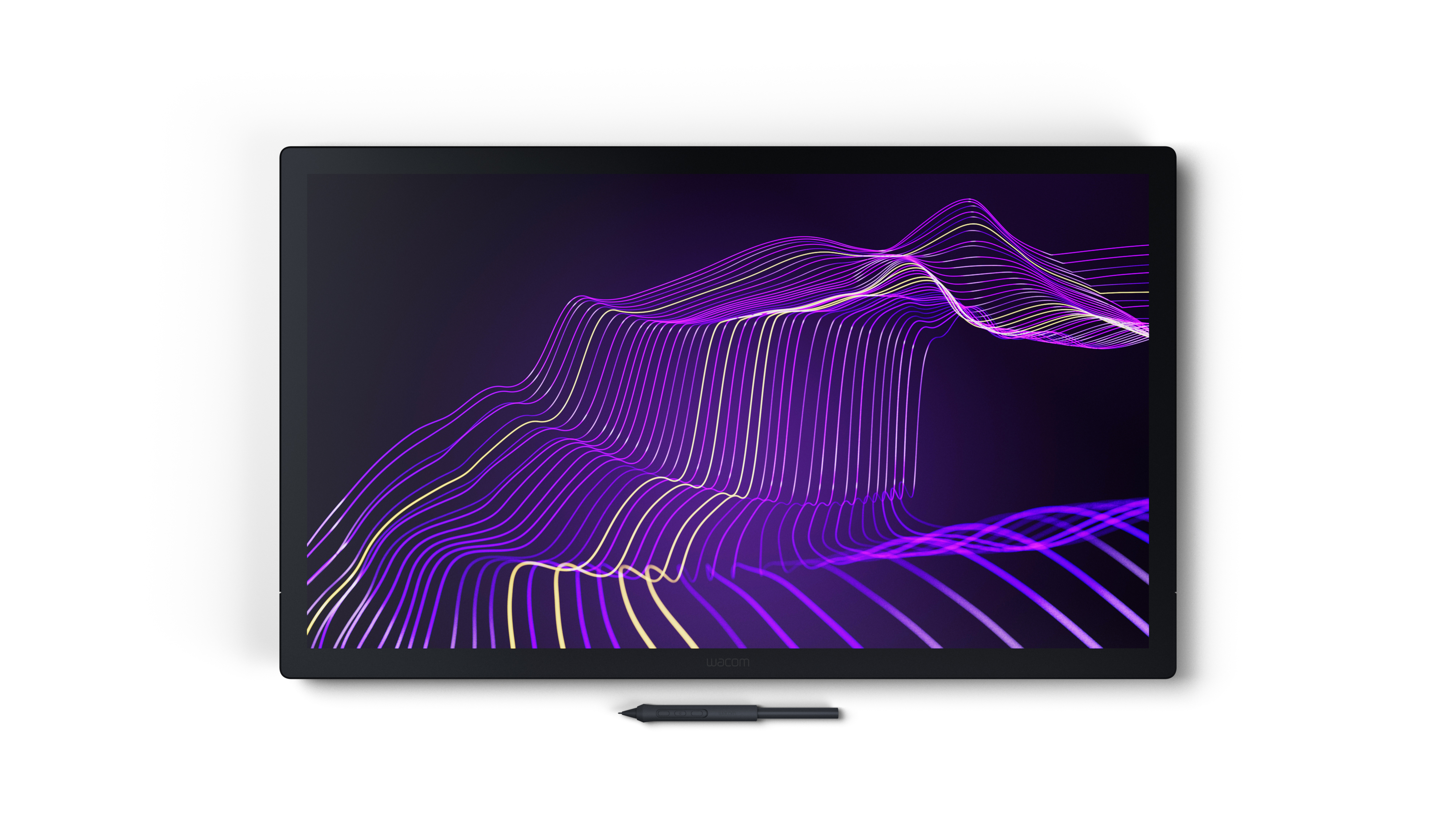Vorderansicht des Wacom Cintiq Pro 27 mit Bildschirm gefüllt mit einem violetten abstrakten Muster.